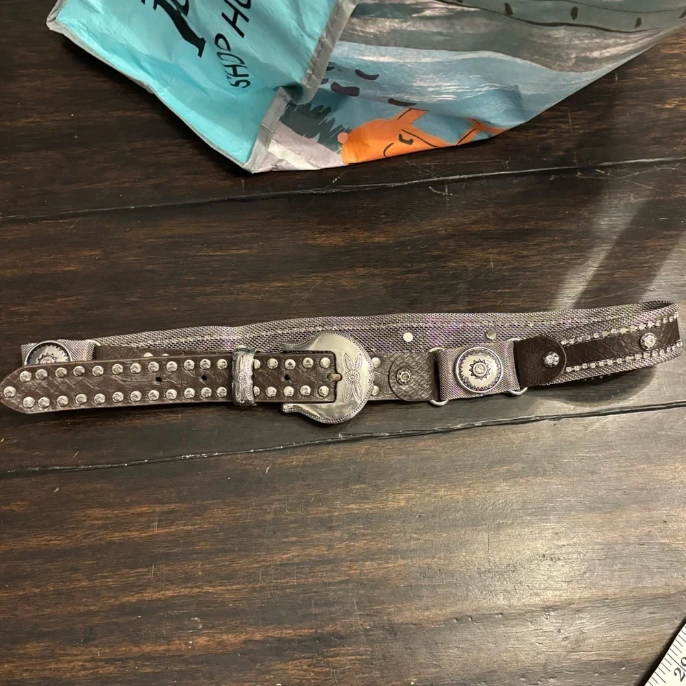 Western flair Studded Brown Leather Belt with mesh metal and crystal